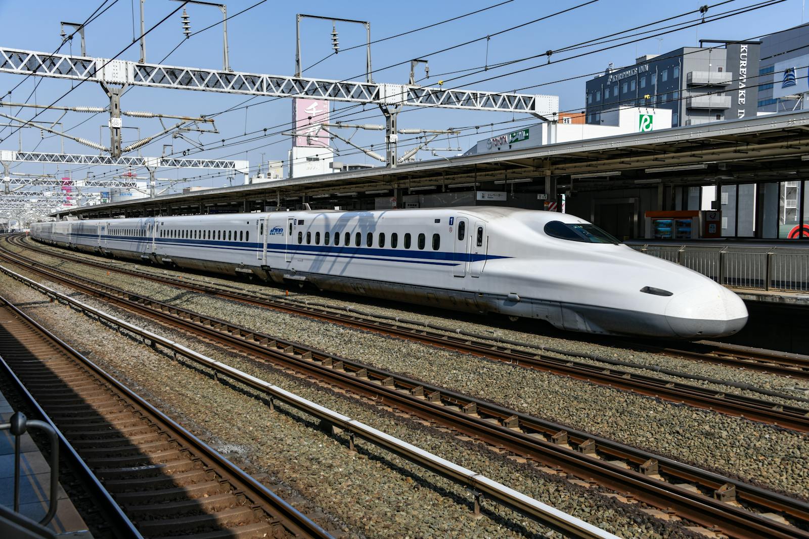 A high-speed bullet train at Hamamatsu Station in Shizuoka, Japan, showcasing modern rail transport.