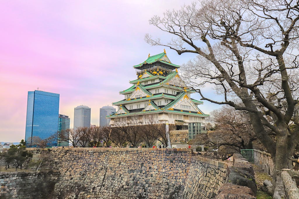 A captivating view of Osaka Castle with city skyscrapers and leafless trees in the foreground.