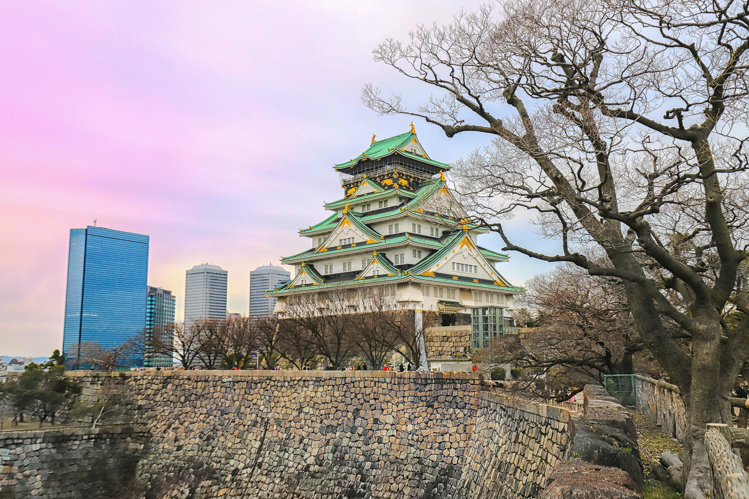 A captivating view of Osaka Castle with city skyscrapers and leafless trees in the foreground.